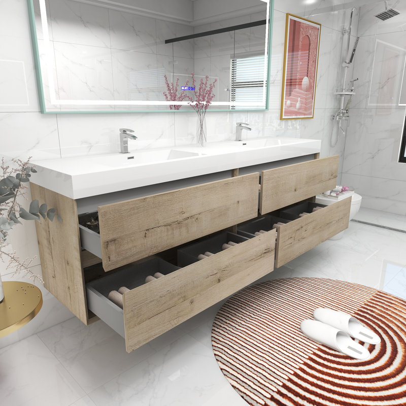 83.4'' Double Bathroom Vanity with Acrylic Top, Light Oak