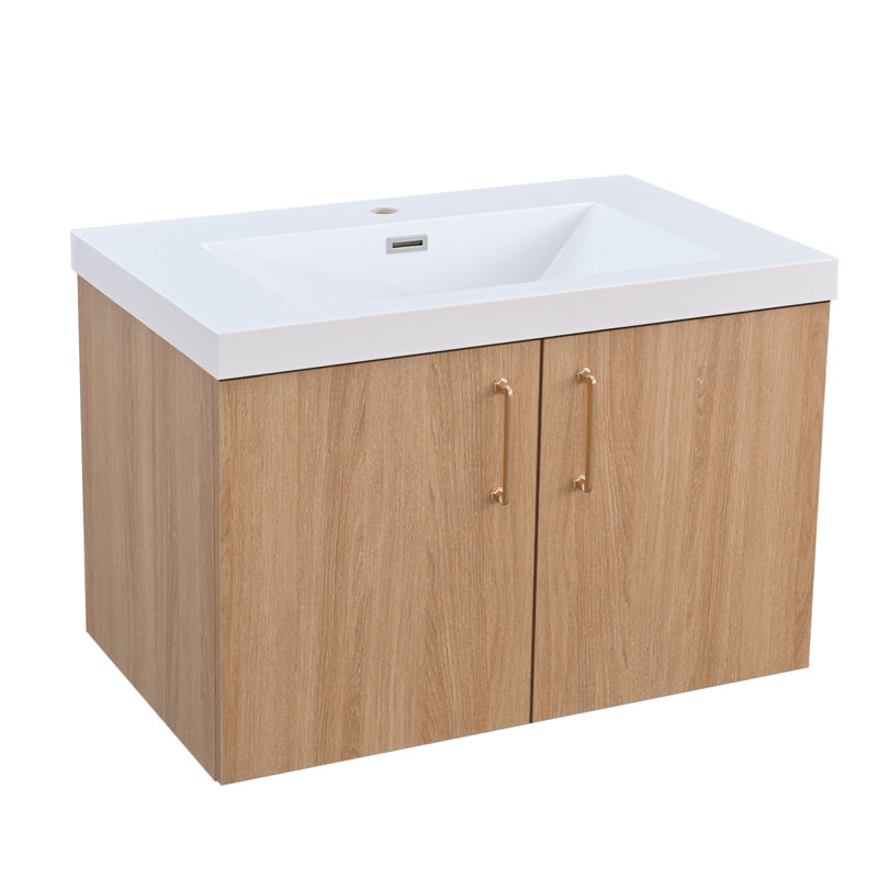 Meuble-lavabo moderne peu encombrant avec finition chêne doré et lavabo blanc
