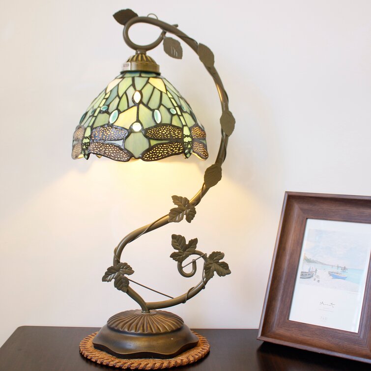 Bladen Tiffany Lamp - World Menagerie Stained Glass Bedside Table Lamp, LED Bulb Included W8H22 inch Banker Desk Reading Light S147 Sea Blue Dragonfly