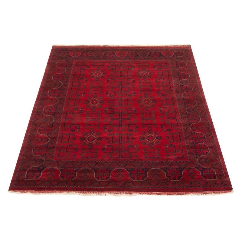 Tapis rouge en laine noué à la main de conception unique 3 pi 4 po x 5 pi Abilia