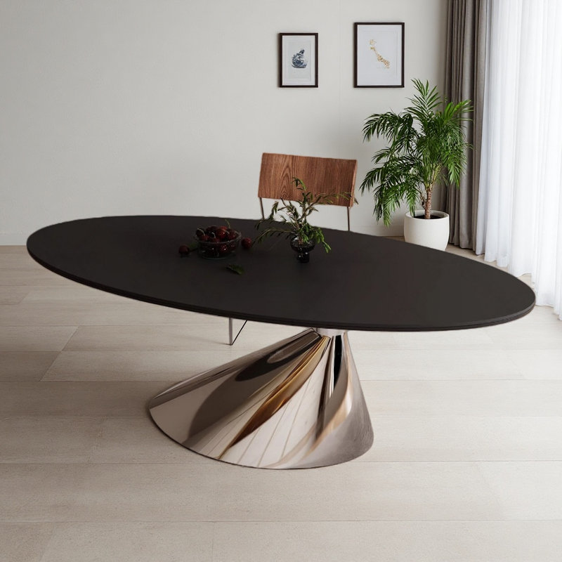 Table de salle à manger ovale moderne et luxueuse, Noir, Argent argent