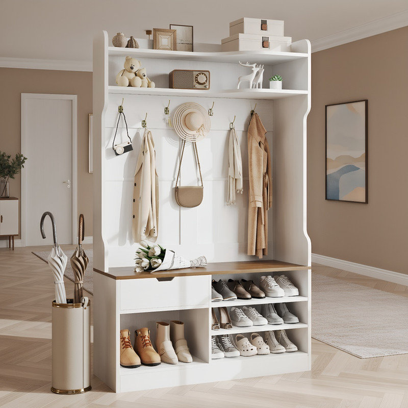 Farmhouse Entryway Hall Tree with Bench & Shoe Storage – 7 Double Hooks, Drawer & Cabinet, White
