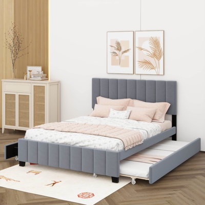 Grand lit plateforme tapissier en velours avec deux tiroirs et lit gigogne simple TG