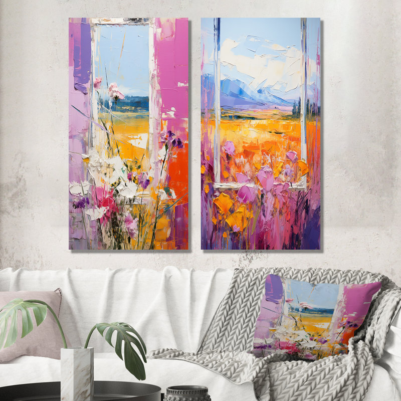 Ensemble de 2 décorations murales roses et jaunes à motif floral Windows Breeze I, Toile tendue, H 28 po x l 25 po