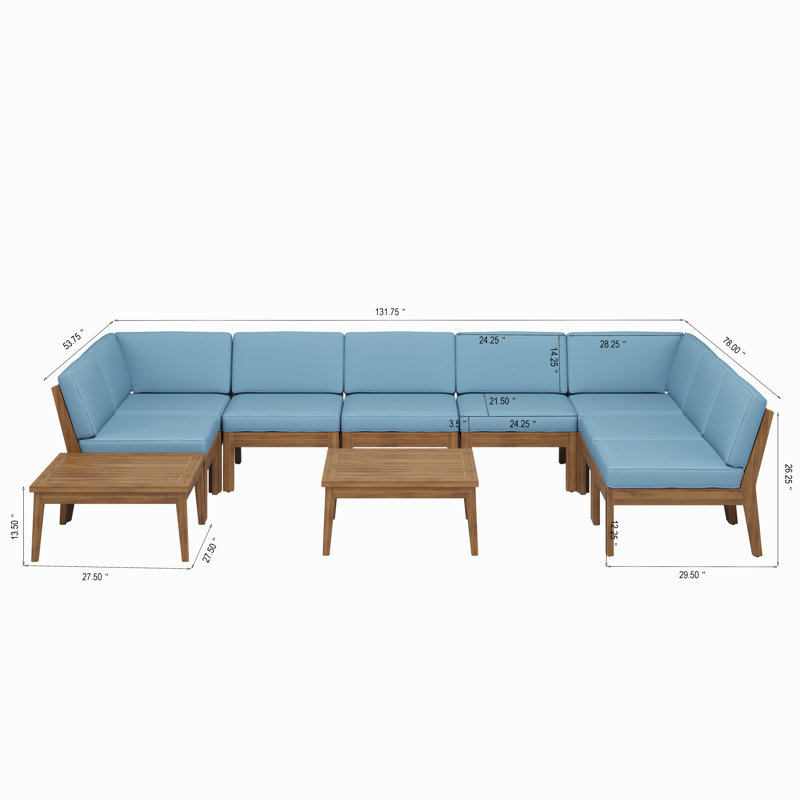 Ensemble de canapé modulaire 8 places en bois d'acacia, Bleu