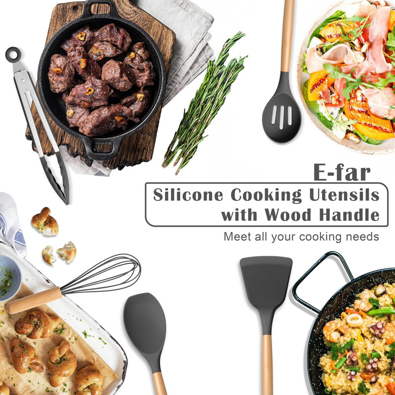 10-Piece Silicone Cooking Utensils Set With Wooden Handle, Heat Resistant Nonstick Kitchen Tools For Safe And Healthy Cooking