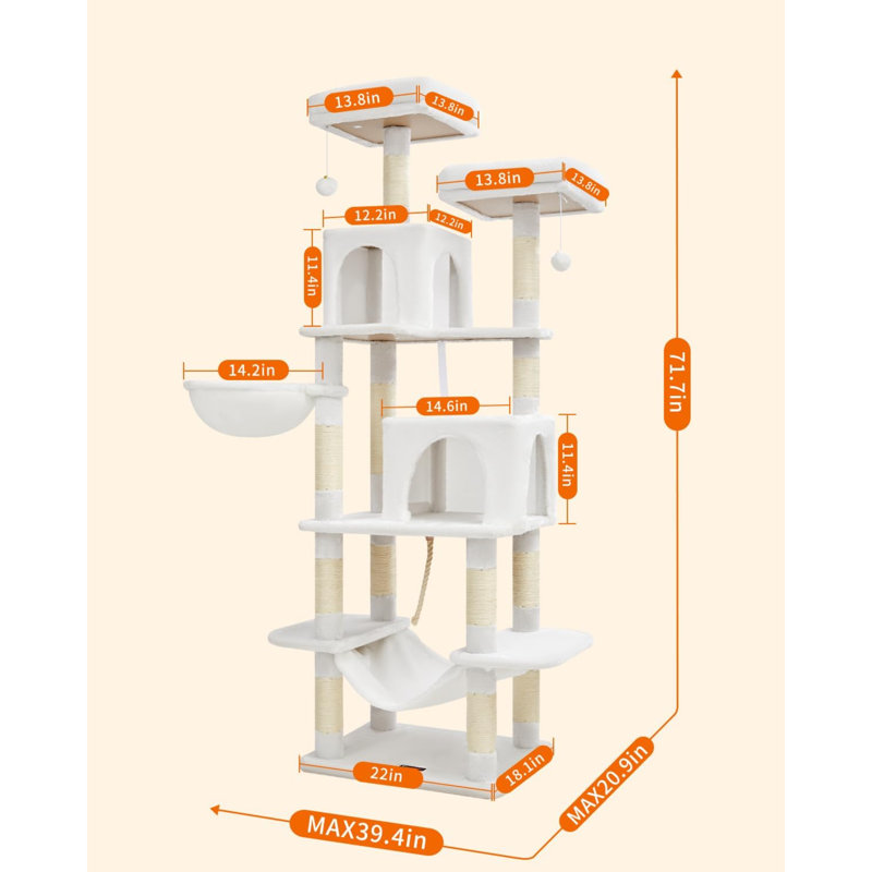Cream White Multi-Level Plush Cat Tree with Sisal Posts
