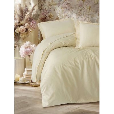 Luxurious Satin Double Quilt Cover Set, 100% Cotton, Beige | Includes 79 x 87 in. Duvet Cover, 94 x 102 in. Flat Sheet & 20 x 27 in. Oxford Pillowcases (2 Pieces) | Reactive Print, Machine Washable, Elegant Design