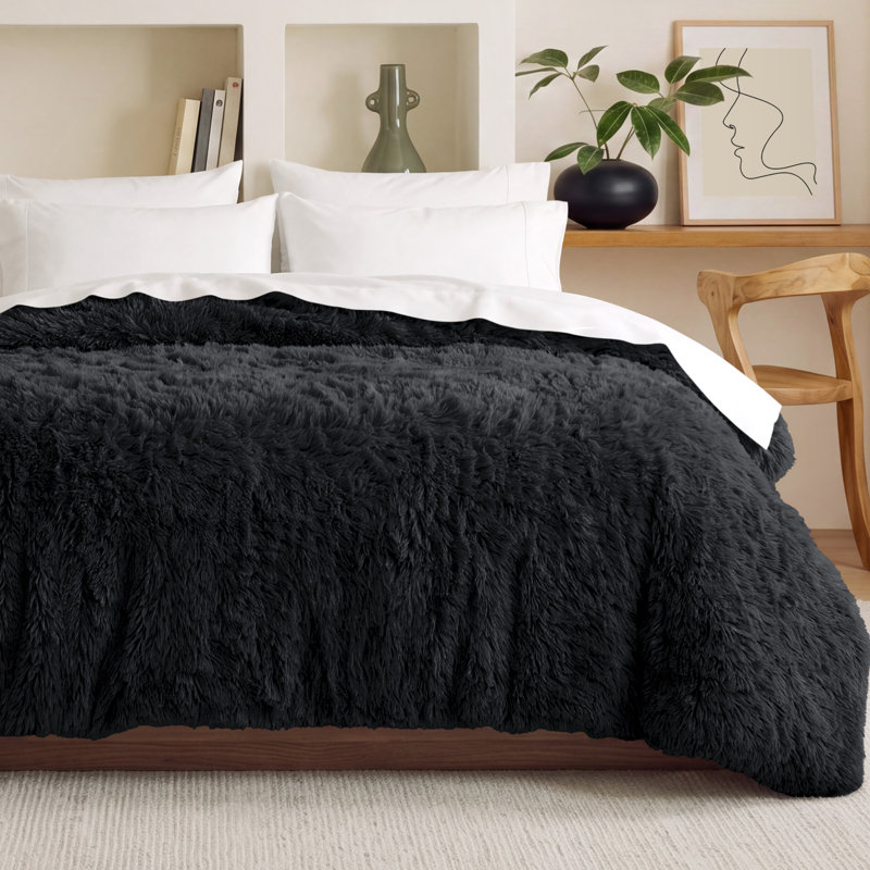 Shaggy Fleece Plush Duvet Cover, King/California King Duvet Cover, Black