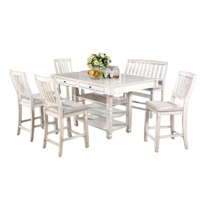 Lyasa 6Pc Dining Table Set With Bench And 4 Chair, White Solid Wood