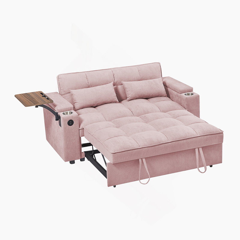 Canapé-lit en chenille rose avec accoudoirs avec rangement, port USB et table d'appoint rotative