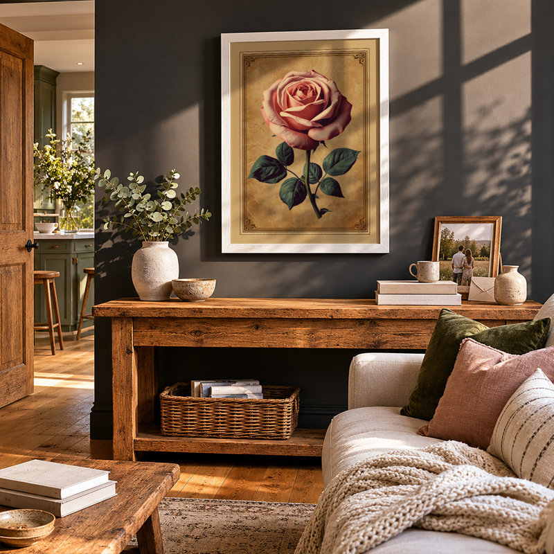 Single Rose In Bloom Botanical - Print, A3 - 42.0 x 29.7 cm, White