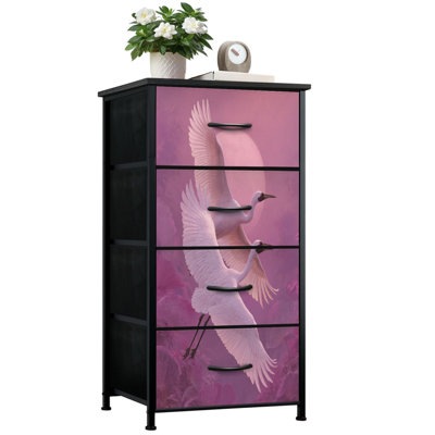 Commode pour la chambre à coucher avec 4 tiroirs de rangement Élégantes grues blanches en vol rose lune Commodes florales douces Commode en tissu en acier
