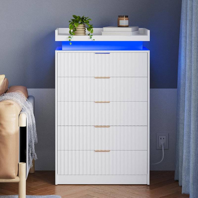 Vertical Dresser With Led Light And Five Buffer Drawers,Fluted Panel,Socket And Fence On The Top,Anti Dumping Device,Suitable For Bedroom,Living Room And Porch
