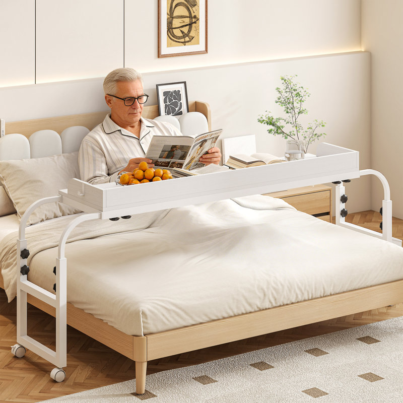 70.8"-81.5" W Height Adjustable Overbed Table With Power Outlet & LED Light, Rolling Bed Desk, Writer Desk, White/White