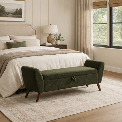 Banc de rangement moderne de 60 po avec pieds en bois de style Mid-Century, banc de rangement pour le salon et la chambre à coucher, rembourré confort - vert olive Teddy