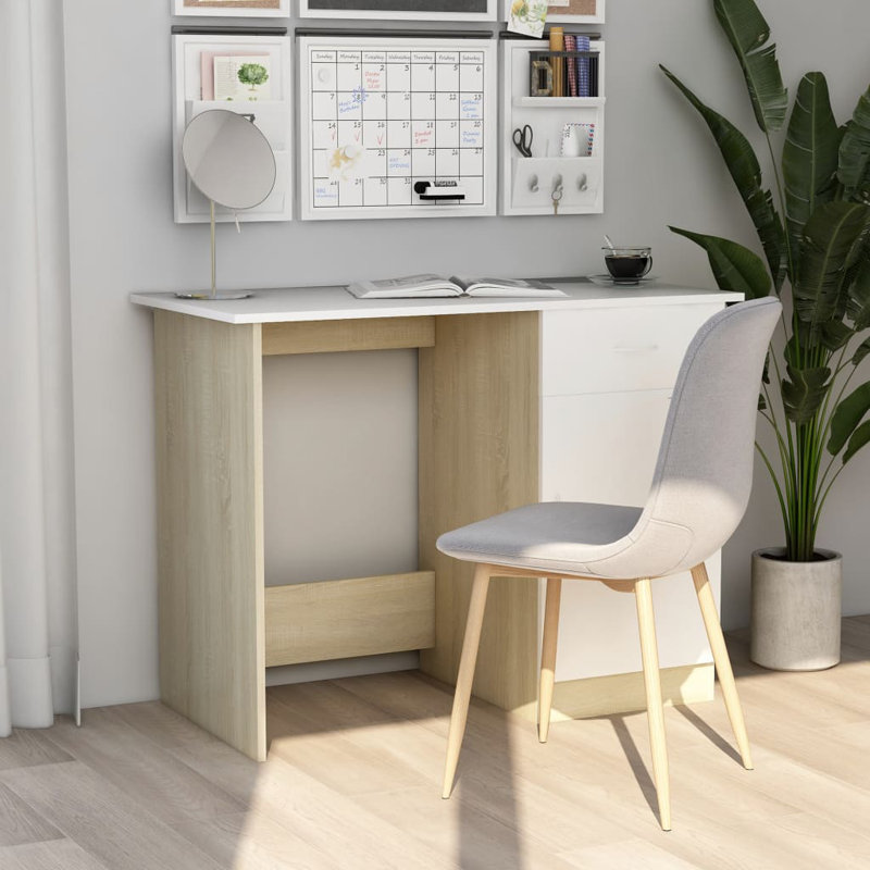 Bureau d'ordinateur avec tiroir en bois d'ingénierie, Blanc / Chêne de Sonoma