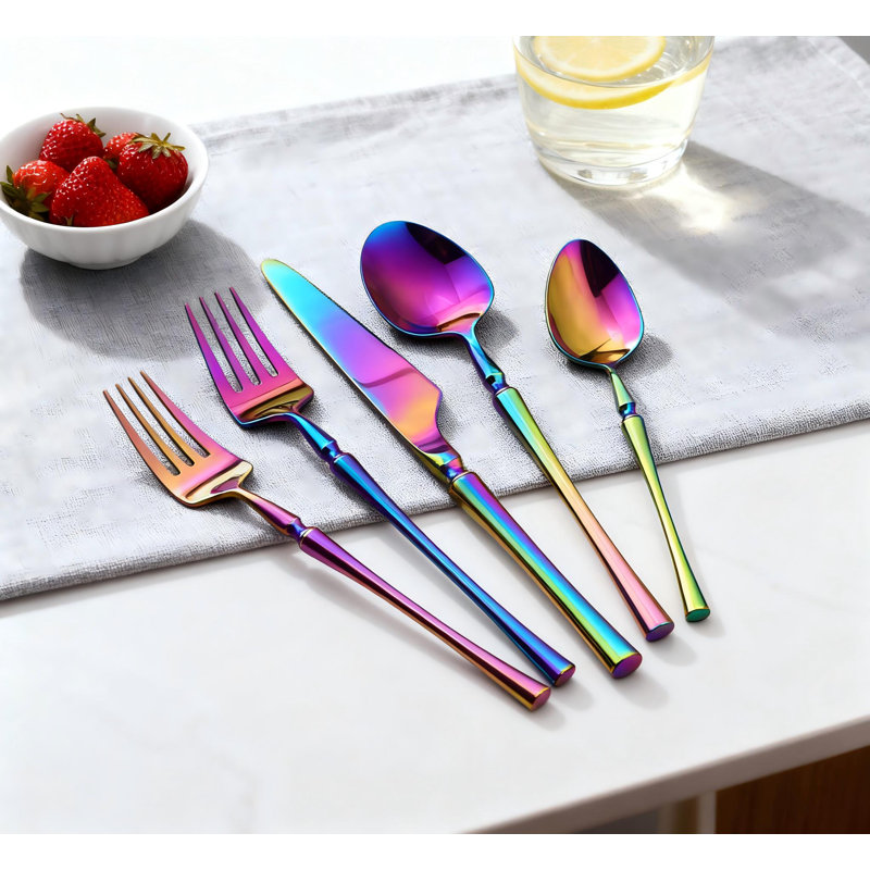 Ensemble de couverts 20 pièces Rainbow, ensemble de couverts en acier inoxydable 304 avec finition polie miroir, va au lave-vaisselle, service pour 4