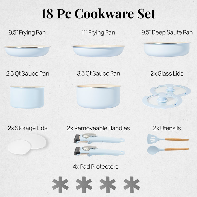 Light Blue Ceramic Nonstick 18-Piece Cookware Set with Detachable Handles