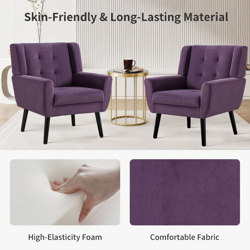 Tufted Upholstered Wide Back Armchair（Set of 2）, Purple Velvet