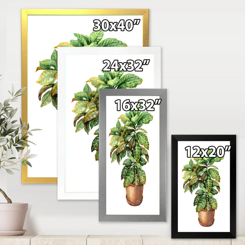 Croton dans un pot de fleurs en argile - peinture sur toile, H 32 po x l 16 po x P 1 po, Cadre photo noir