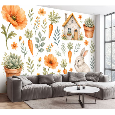Wall Mural Peel and Stick Wallpaper Cute Bunny Orange Flowers Farmhouse Rabbit Floral Patterns Carrots Self-Adhesive Removable Contact Paper Wall Decor for Living Room Bedroom 100"H x 144"W