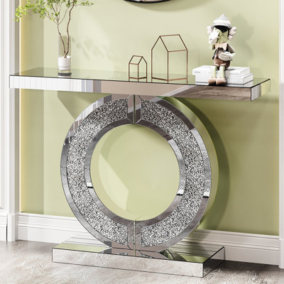 Console moderne en forme de O, objets artisanaux en cristal pour chambre à coucher, miroir argenté, double base, bords polis à la main, finition brillante, montage facile, profondeur 107,6 cm, largeur 30,4 cm, hauteur 81,4 cm, poids 17 kg