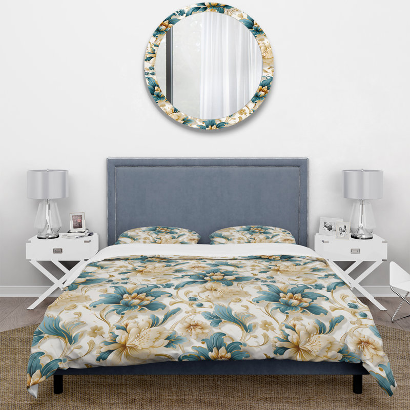 Victorian Blue And White Flowers Damask - Ensemble de housse de couette damassé