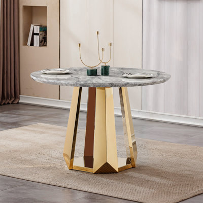 Table de salle à manger ronde en marbre de 47 po, table de cuisine moderne avec plateau en faux marbre ultrabrillant et base en acier inoxydable pour la salle à manger, cuisine (or, gris) (table seulement)