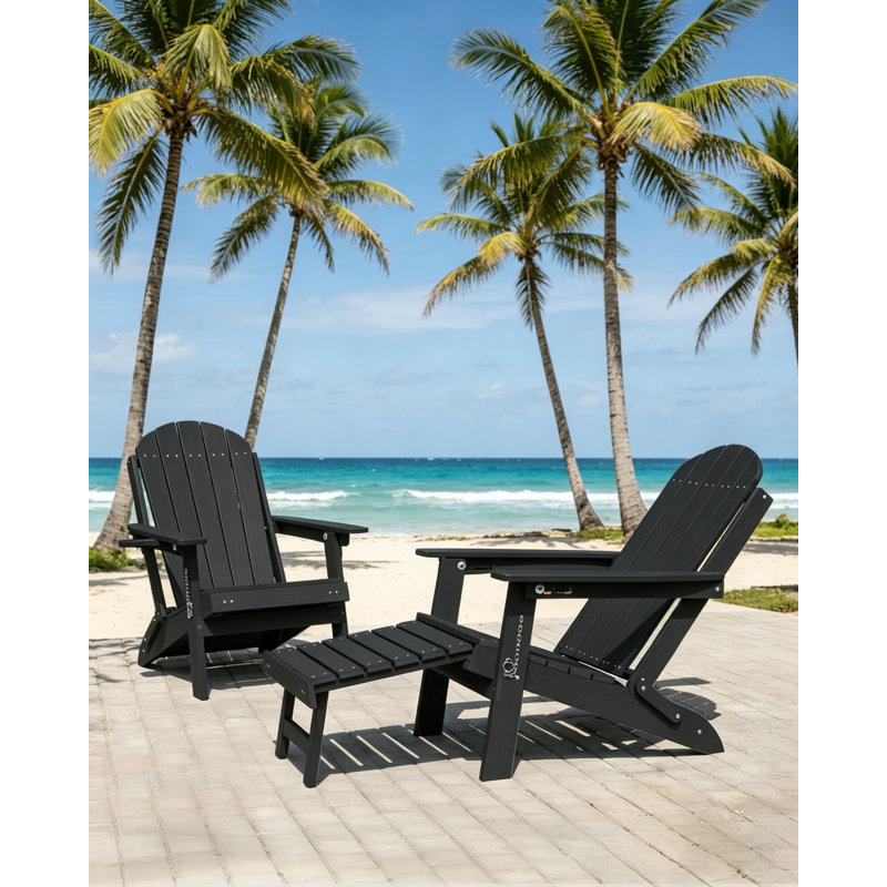 Chaise pliante pliable Adirondack avec repose-pieds rétractable, porte-gobelet en PEHD pour l'extérieur, ajustable et support pour la pelouse, au bord de la piscine, foyer, noir
