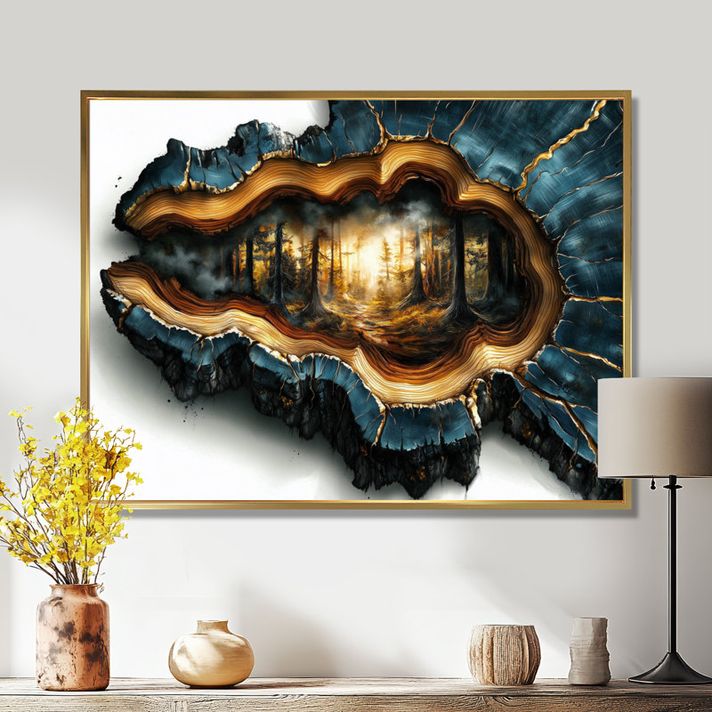 «Forest In Blue Wood Slide Fusion», art mural sur toile, H 24 po x l 32 po, Impression encadrée flottante, Doré