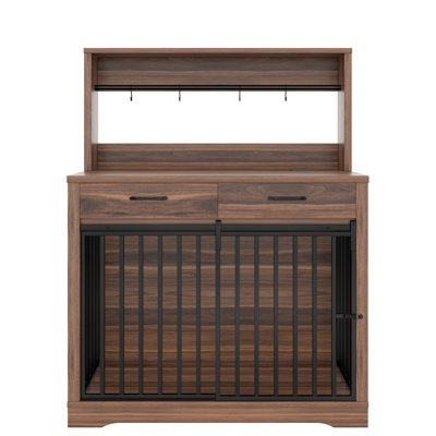38" Dog Crate Table, Heavy Duty Side Table With 2 Spacious Storage Drawers And Shelf, Brown Sliding Door Cage For Indoor Medium - Weight Dogs, Iron Build Furniture, Easy Movement, Construction