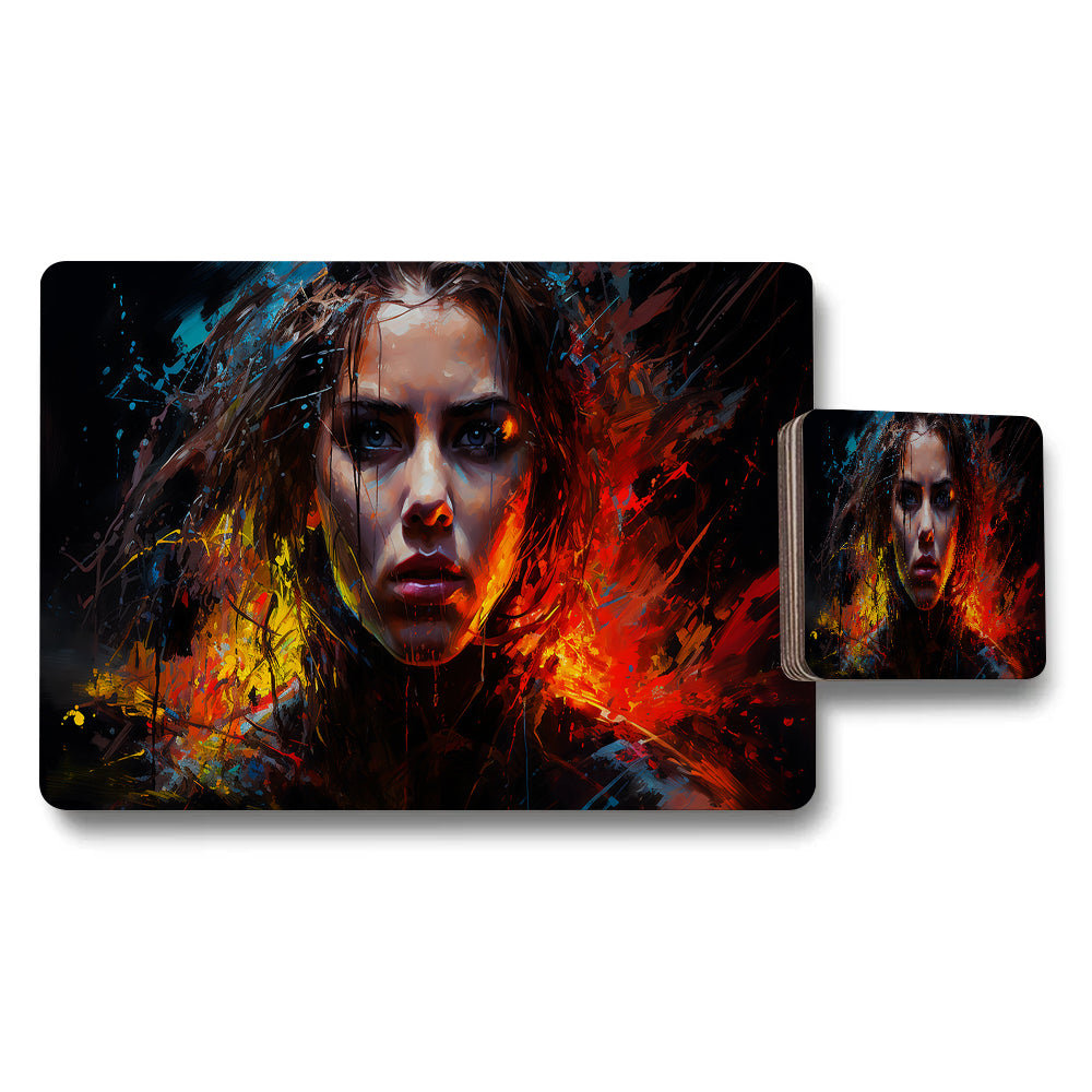 Fiery Portrait Placemats And Coaster Set With Abstract Art