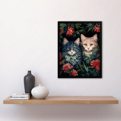 Cat Flowers Blend White Grey Blue Cats Red Flowers - Single Picture Frame Print