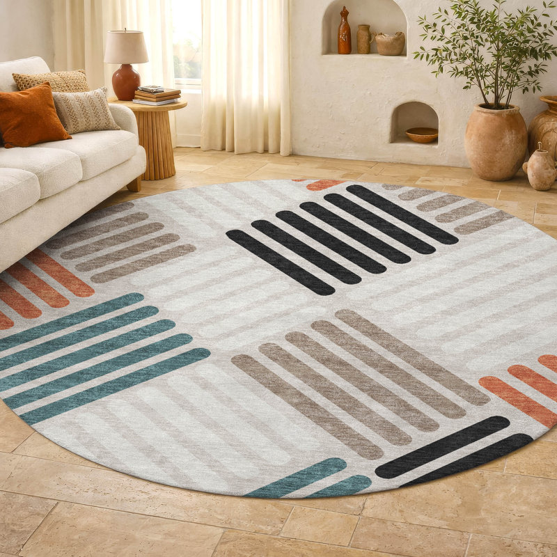 Premium Machine Washable Mayfield AMF2339 Geometric Rug, 8' Round, Dune
