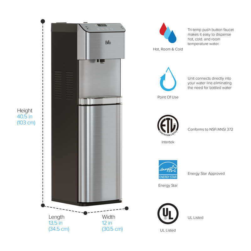 Brio Free Standing Bottleless Electric Filtered Water Dispenser, Stainless Steel