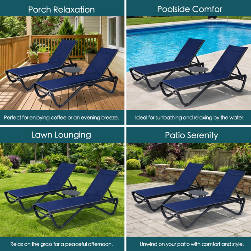Kozyard Outdoor Chaise Lounge Chair, All Aluminum Frame and Textilene Fabric, Fully Flat Adjustable Reclining Patio Lounger for Poolside, Sunbathing & Backyard ,NavyBlue