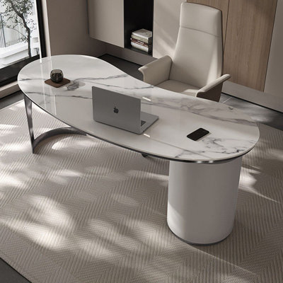 Bureau à 3 tiroirs blanc + gris frisé courbé + bois manufacturé + acier inoxydable