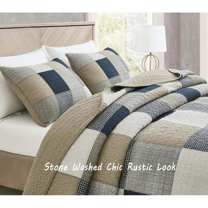 Samuel Pre-Washed Navy Gray Taupe Patchwork Cotton Quilt Set, Queen Quilt + 2 Standard Shams