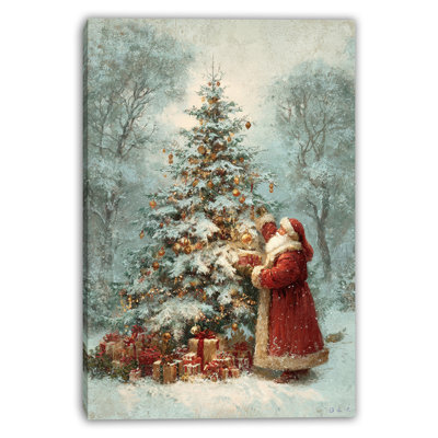 Classic Santa Decorating the Christmas Tree Wrapped Canvas Wall Art