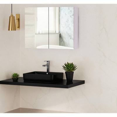 Miroir de salle de bain mural à double porte avec tablettes réglables, l 31,5 po x P 6 po, H 23,5 po, blanc, surface de rangement en bois avec miroir, blanc, utilisation quotidienne