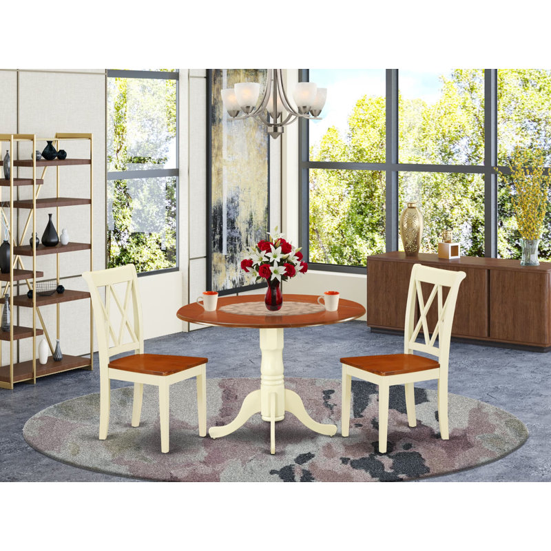 Ensemble de coin repas 3 pièces pour petits espaces comprenant une table ronde avec Dropleaf et 2 chaises, babeurre et cerise