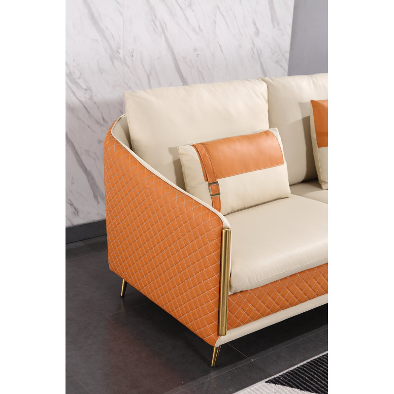 Icaro Sectional, Right Hand Facing, Off White/Orange Genuine Leather