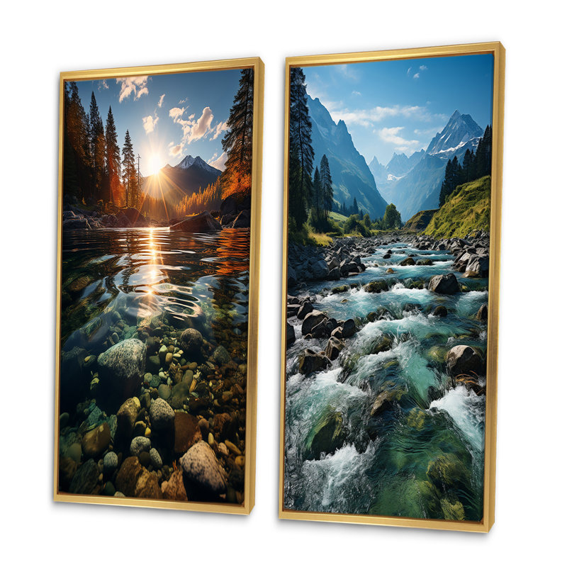 «River Reflections», 2 pièces sur toile, H 32 po x l 32 po, Encadrement doré
