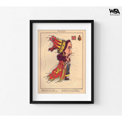 Anthropomorphique carte du pays de Galles, carte de dessin animé, affiche de carte de caricature, impression de carte du Pays de Galles rétro