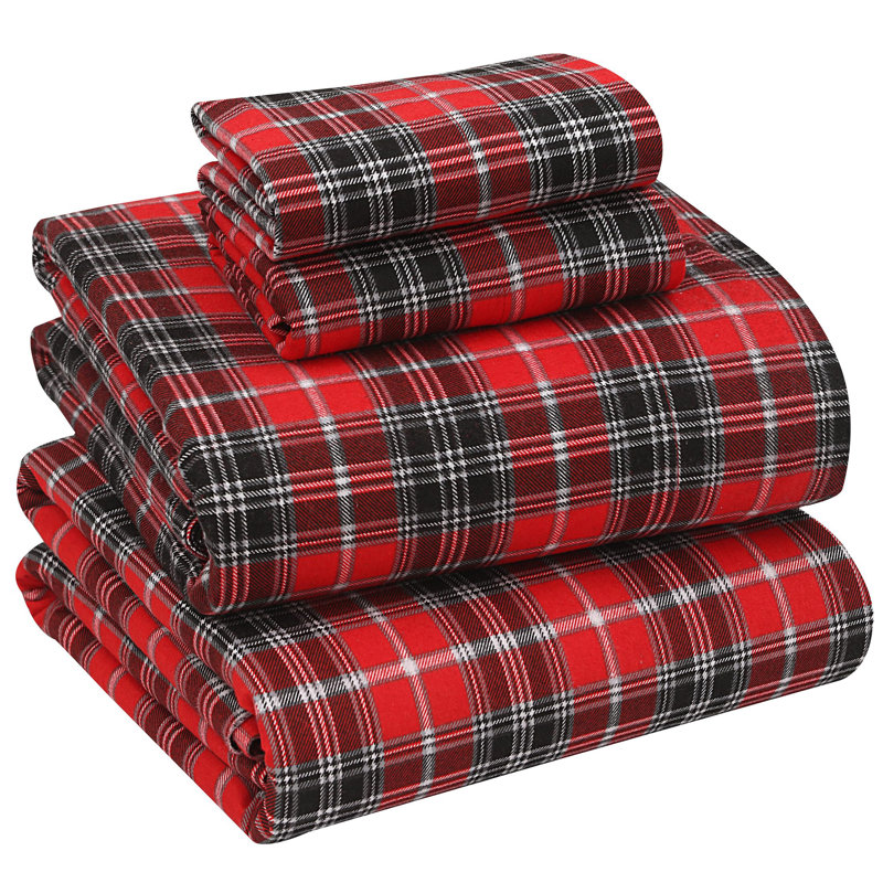 Queen Red Plaid Cotton Flannel Deep Pocket Sheet Set