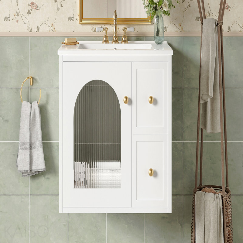 Ensemble de meuble-lavabo mural 24 po pour petit espace, armoire de salle de bain avec lavabo en céramique, 2 tiroirs et 1 porte à fermeture en douceur