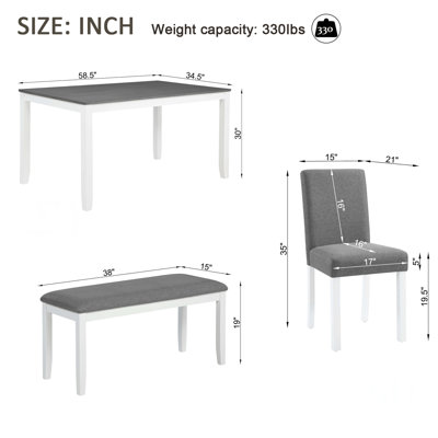 Ensemble de salle à manger 6 pièces avec banc et chaises, table en bois, bicolore gris et blanc, pour cuisine et salle à manger, 6 couverts