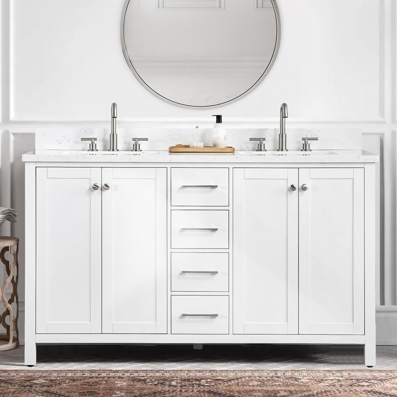 Modern Full Assembled 60"Bathroom Vanity With Sink Engineered Stone Top 4"Backsplash Freestanding Cabinet