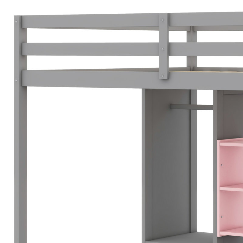 Lit mezzanine en bois avec garde-robe, tablettes et armoire, Lit double, Gris / Rose